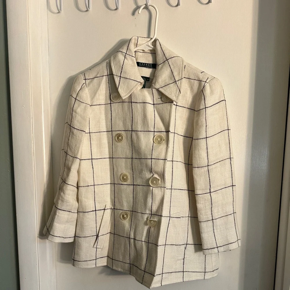 Ralph Lauren Cream Checkered Pea Coat - Picture 1 of 5